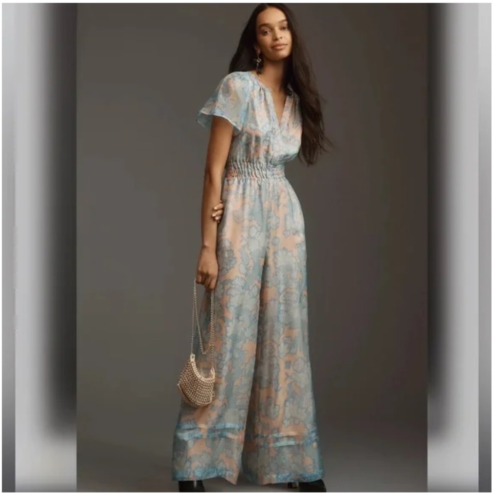 Anthropologie Blue and Peach Jumpsuit